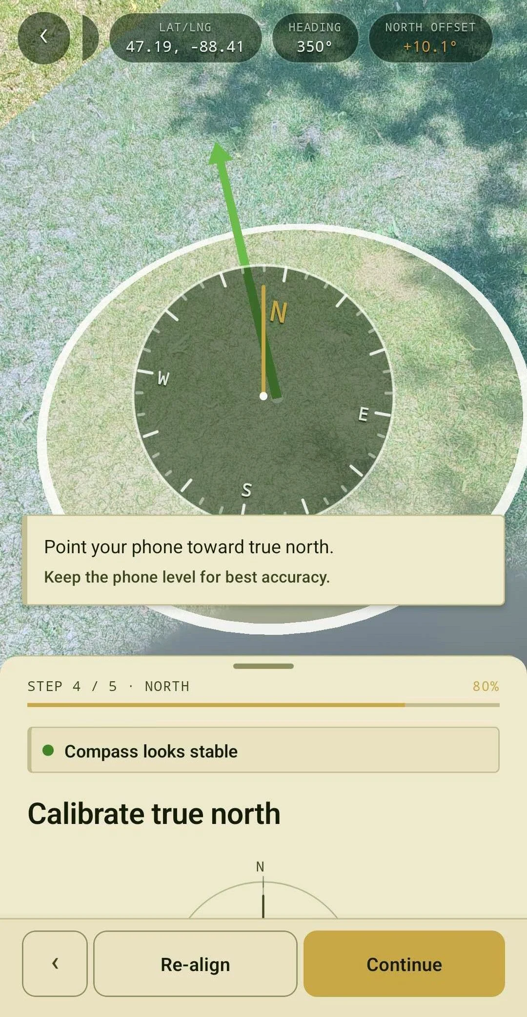 Step 4 - calibrate true north with the on-screen compass