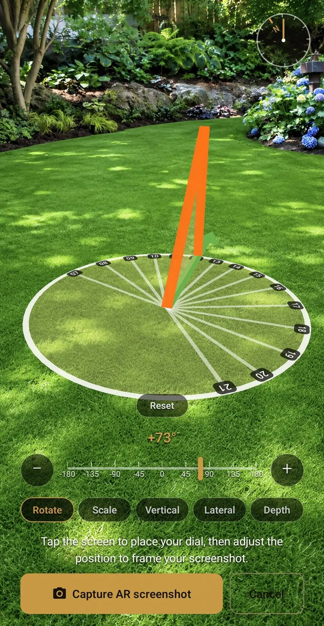 A finished sundial in AR, viewed top-down over the grass.