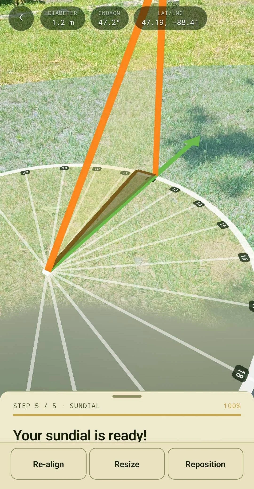 A finished sundial in AR, gnomon casting its shadow across the hour lines