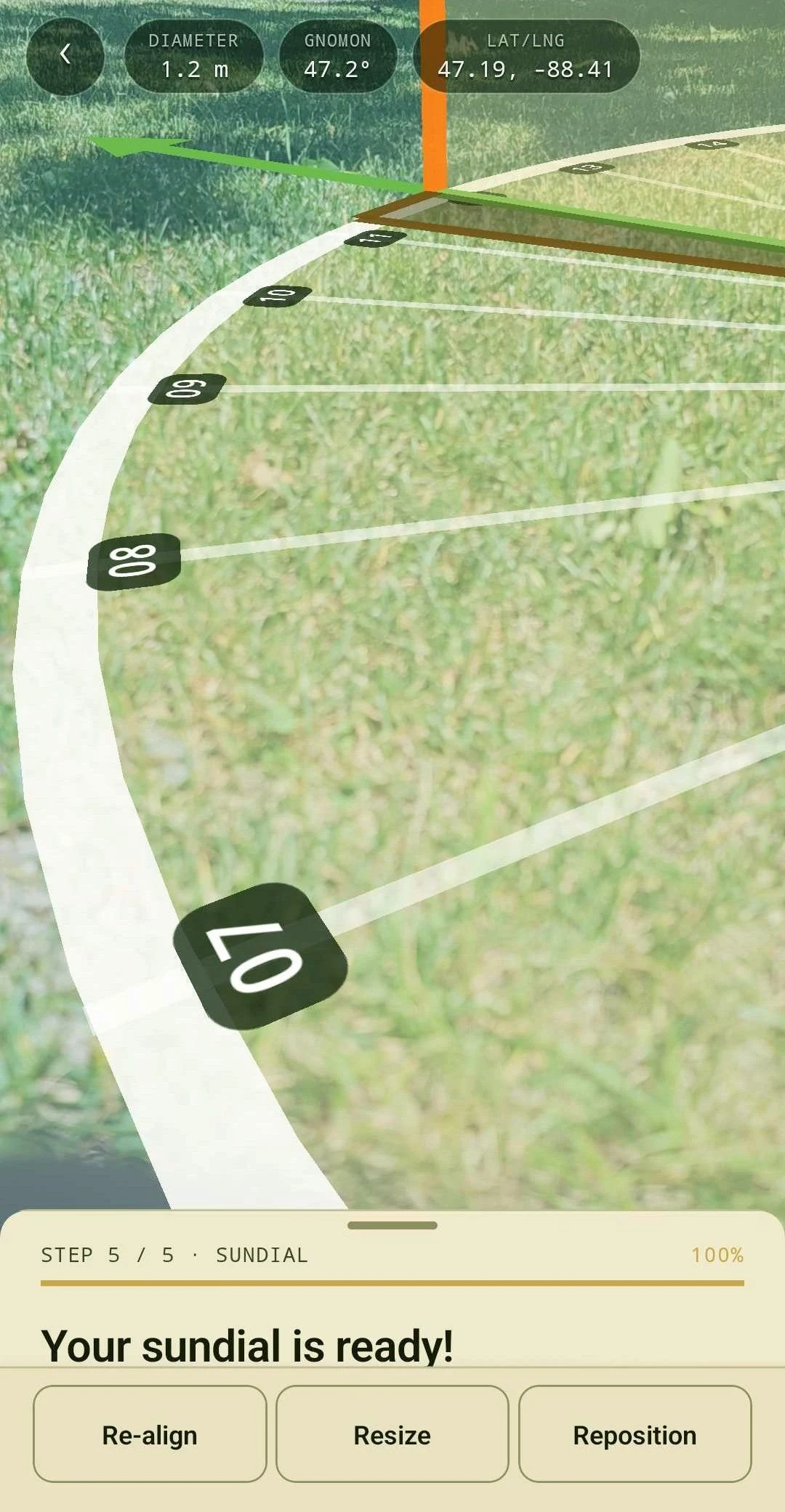 A finished sundial in AR from another angle, hour lines across the dial
