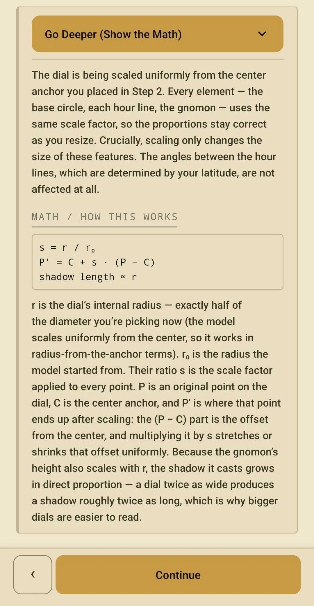 The in-app “show the math” sheet for setting the dial diameter